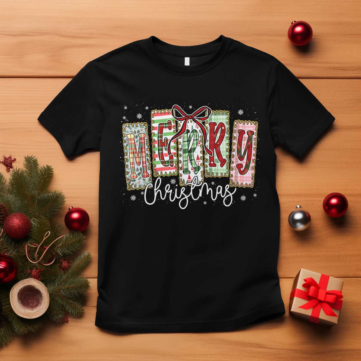 Merry Christmas Coquette Xmas Faux Glitter Gingham Tartan Doodle T Shirt TS11 Black Print Your Wear