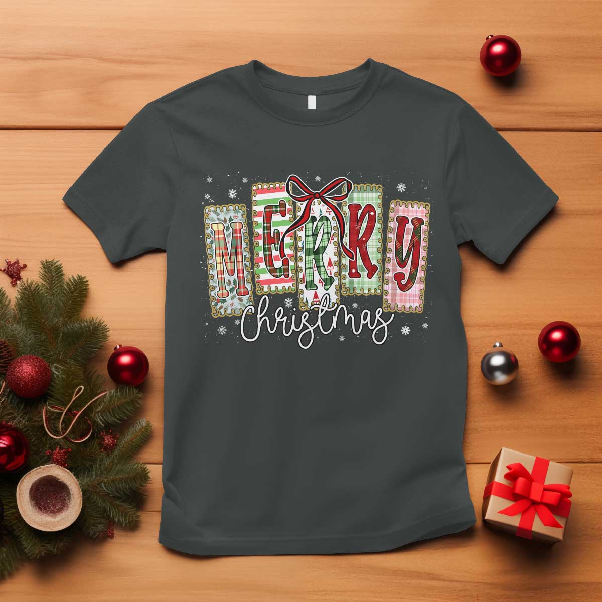 Merry Christmas Coquette Xmas Faux Glitter Gingham Tartan Doodle T Shirt TS11 Dark Heather Print Your Wear