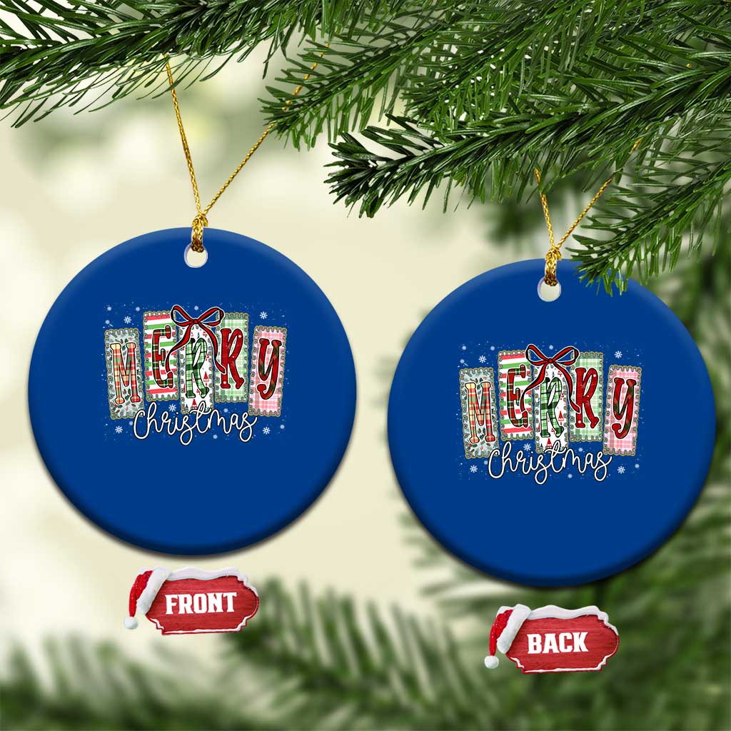 Merry Xmas Coquette Xmas Faux Glitter Gingham Tartan Doodle Ceramic Ornament TS11 1pc Blue Print Your Wear