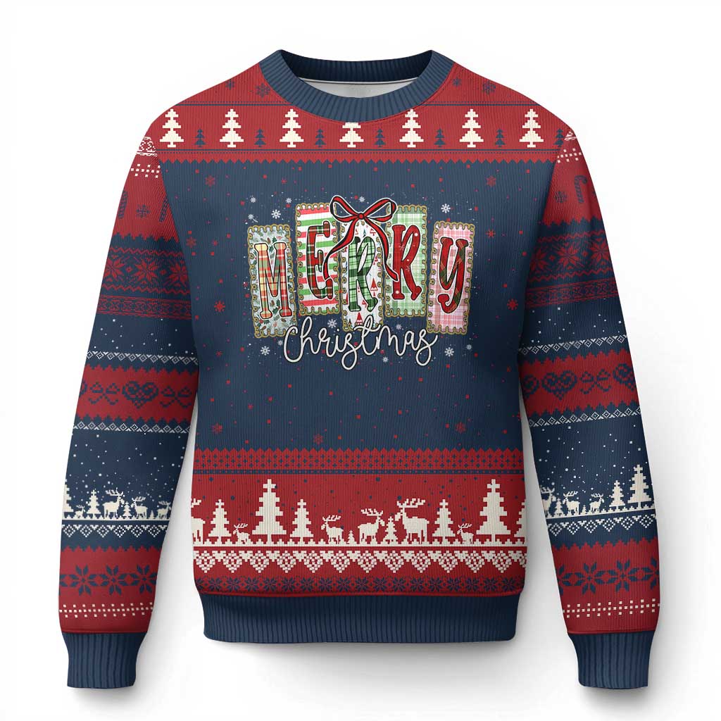 Merry Xmas Coquette Xmas Faux Glitter Gingham Tartan Doodle Ugly Christmas Sweater TS11 Navy Red Print Your Wear
