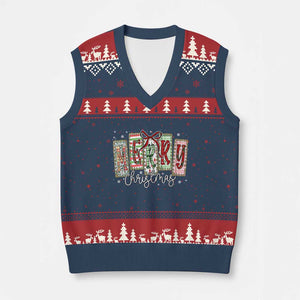 Merry Xmas Coquette Xmas Faux Glitter Gingham Tartan Doodle V-Neck Knit Sweater Vest TS11 Navy Red Print Your Wear