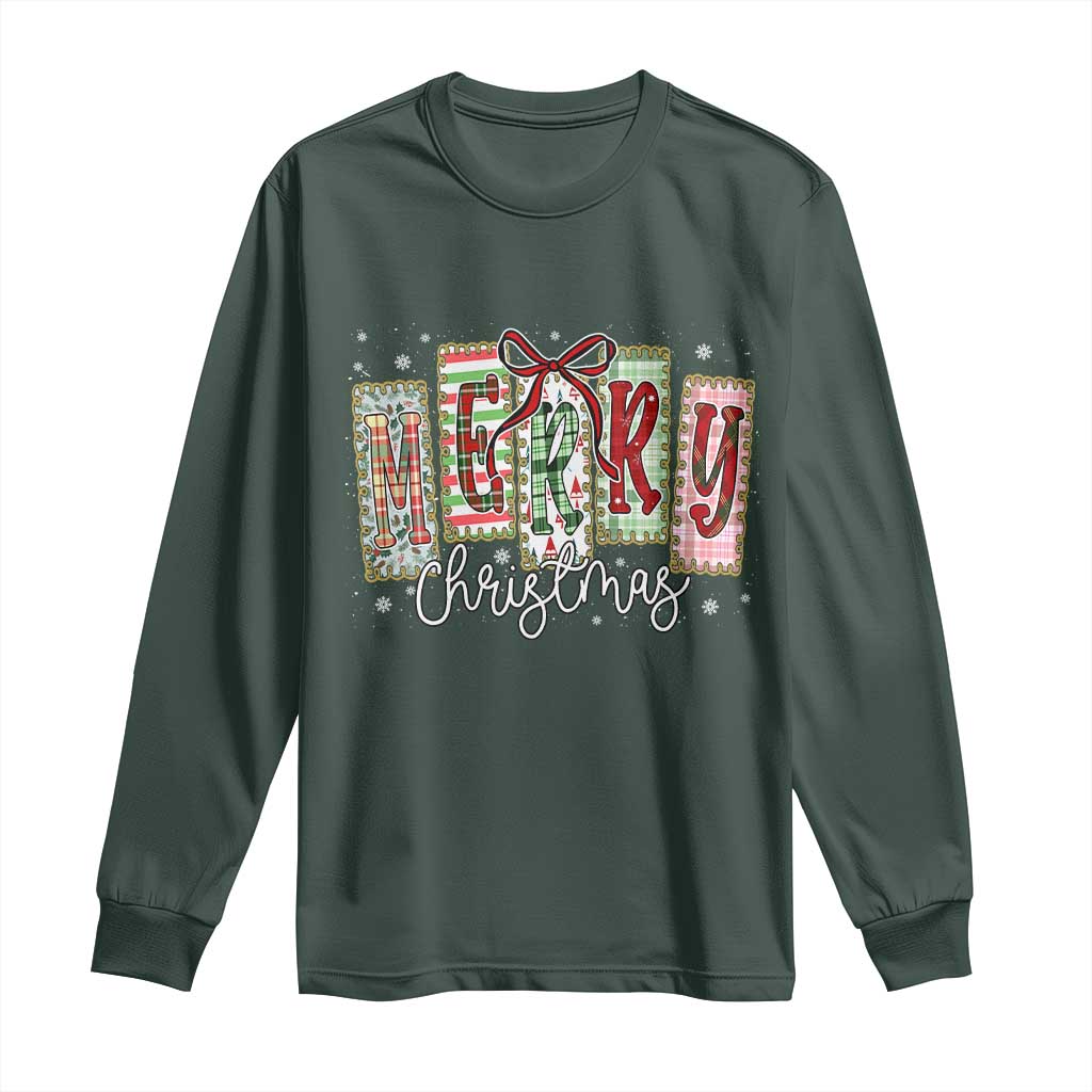 Merry Christmas Coquette Xmas Faux Glitter Gingham Tartan Doodle Long Sleeve Shirt TS11 Dark Forest Green Print Your Wear