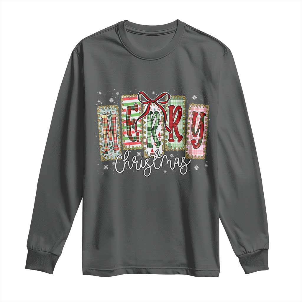 Merry Christmas Coquette Xmas Faux Glitter Gingham Tartan Doodle Long Sleeve Shirt TS11 Dark Heather Print Your Wear