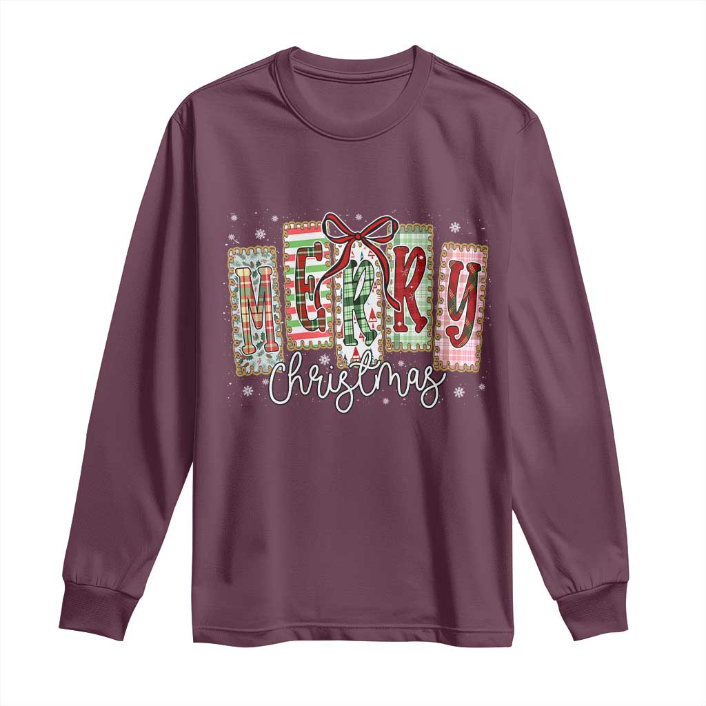 Merry Christmas Coquette Xmas Faux Glitter Gingham Tartan Doodle Long Sleeve Shirt TS11 Maroon Print Your Wear