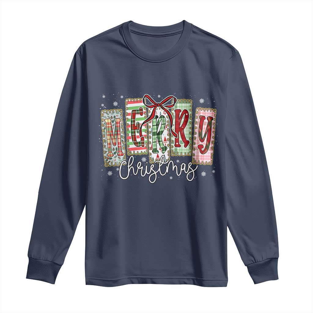 Merry Christmas Coquette Xmas Faux Glitter Gingham Tartan Doodle Long Sleeve Shirt TS11 Navy Print Your Wear