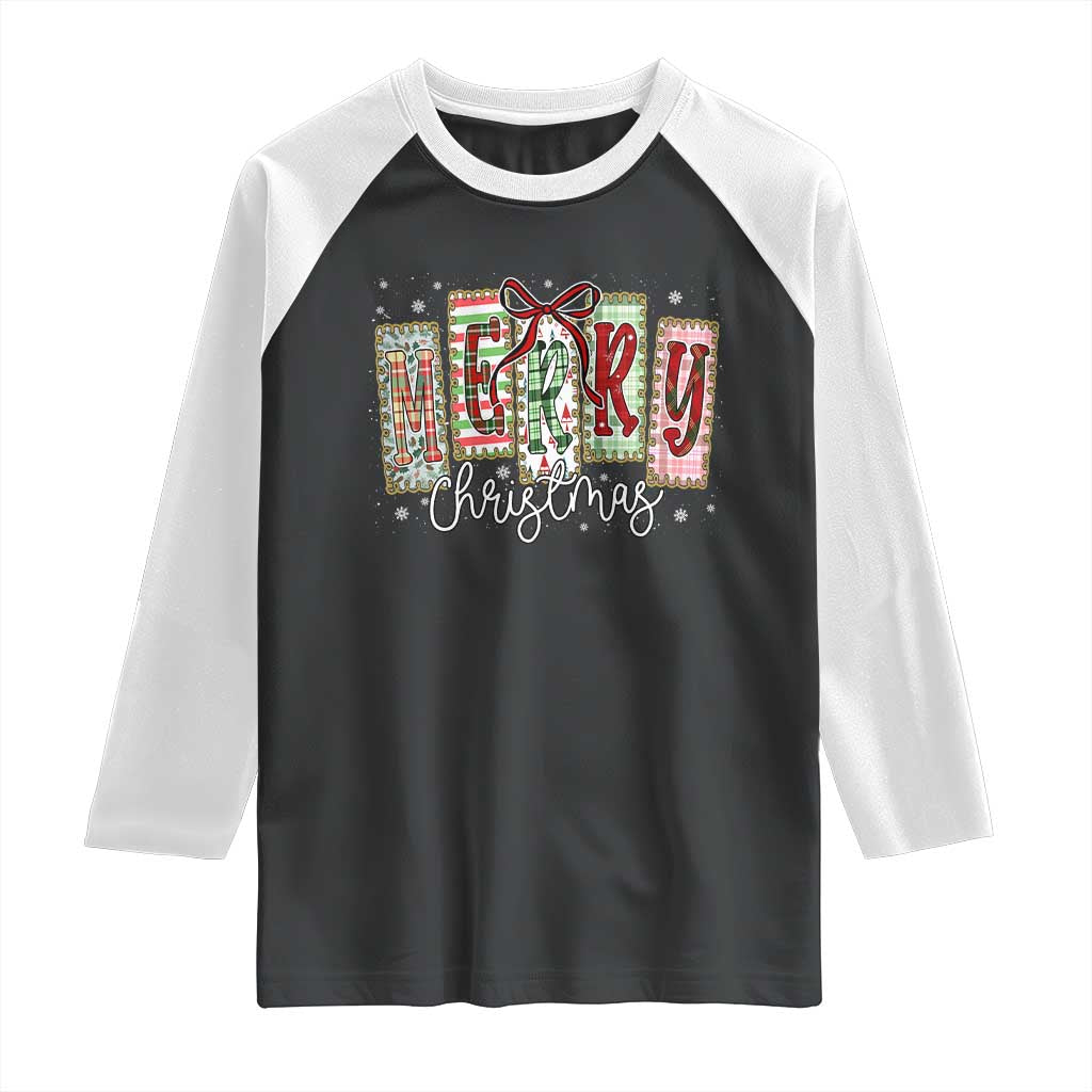 Merry Christmas Coquette Xmas Faux Glitter Gingham Tartan Doodle Raglan Shirt TS11 Black White Print Your Wear