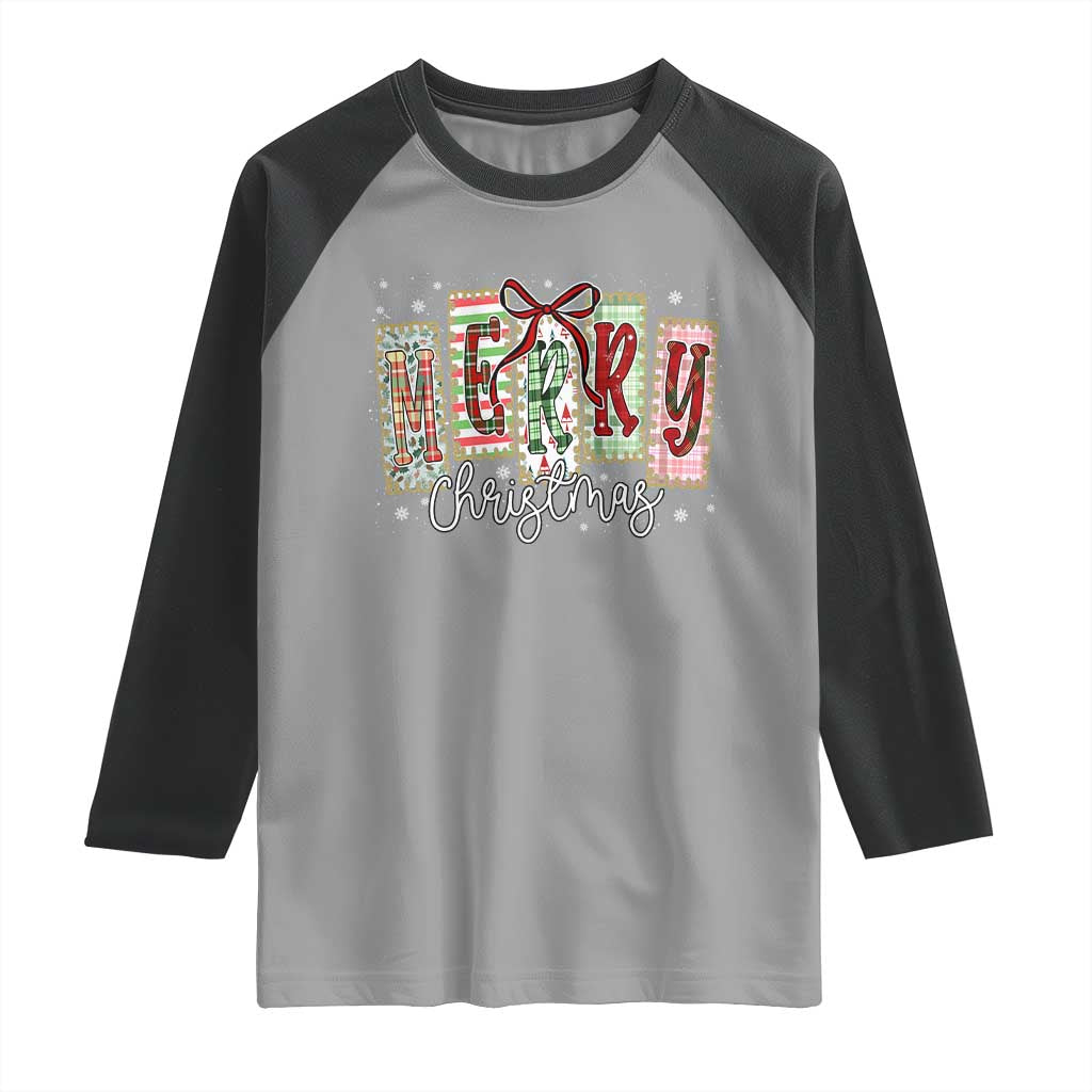 Merry Christmas Coquette Xmas Faux Glitter Gingham Tartan Doodle Raglan Shirt TS11 Sport Gray Black Print Your Wear