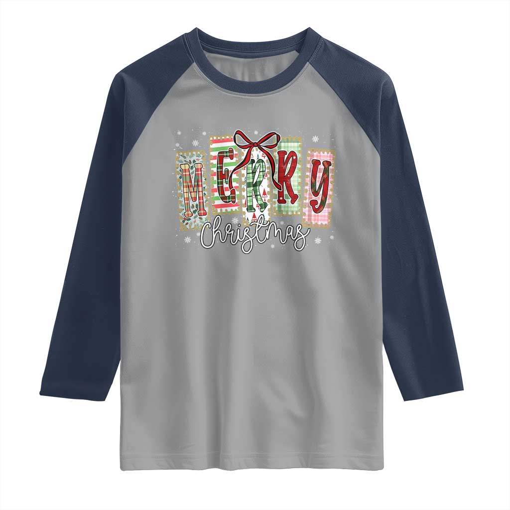 Merry Christmas Coquette Xmas Faux Glitter Gingham Tartan Doodle Raglan Shirt TS11 Sport Gray Navy Print Your Wear