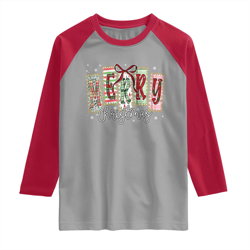 Merry Christmas Coquette Xmas Faux Glitter Gingham Tartan Doodle Raglan Shirt TS11 Sport Gray Red Print Your Wear