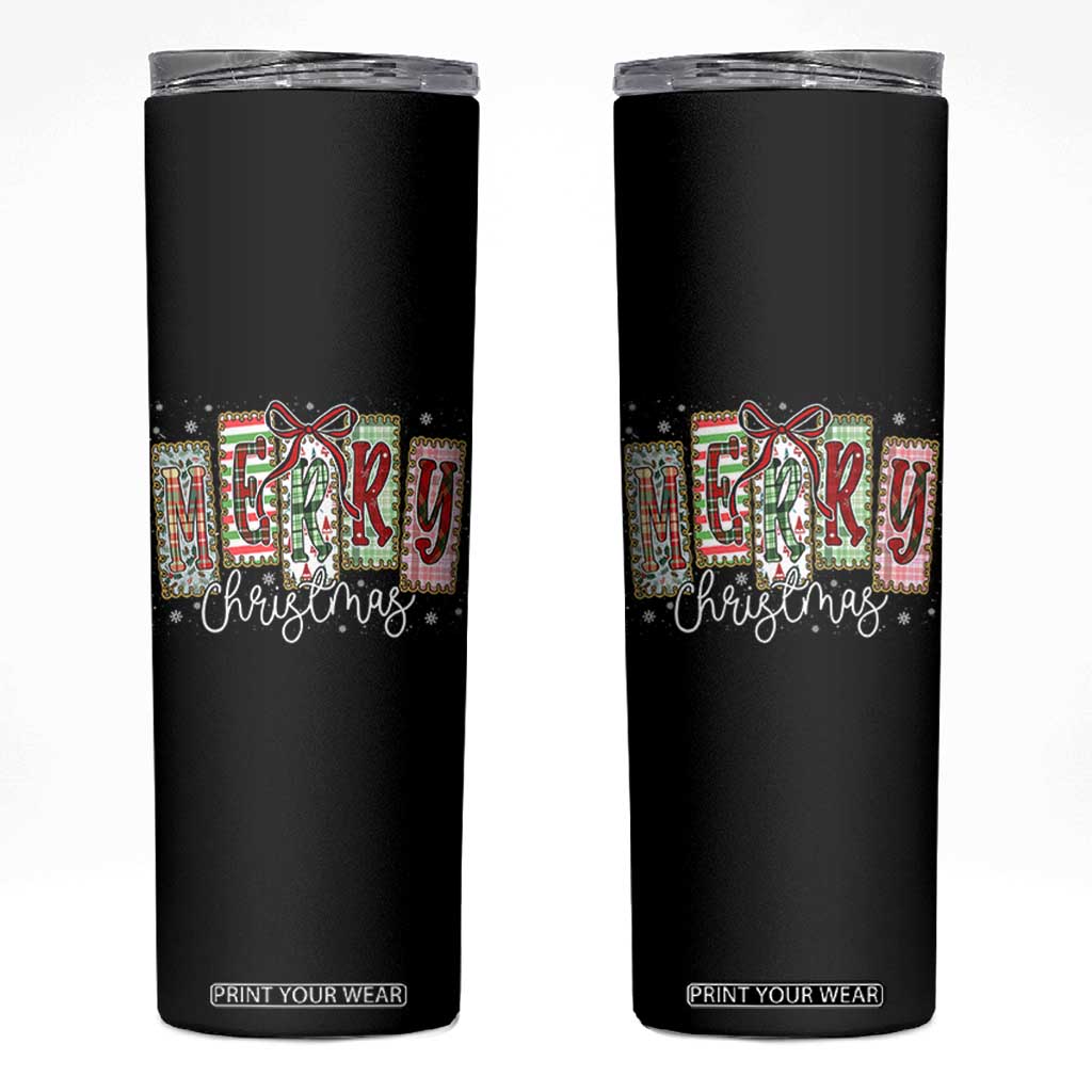 Merry Christmas Coquette Xmas Faux Glitter Gingham Tartan Doodle Skinny Tumbler TS11 Black Print Your Wear