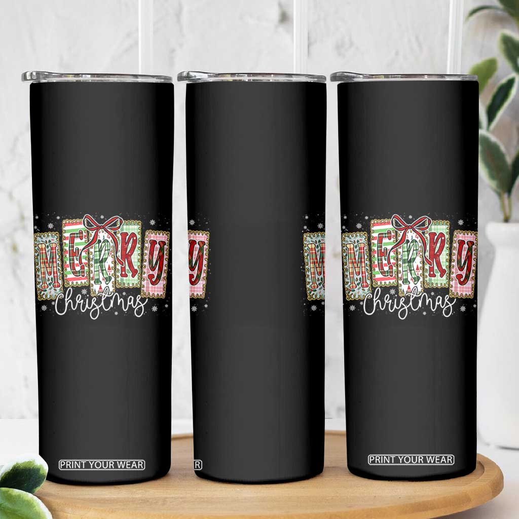 Merry Christmas Coquette Xmas Faux Glitter Gingham Tartan Doodle Skinny Tumbler TS11 Print Your Wear