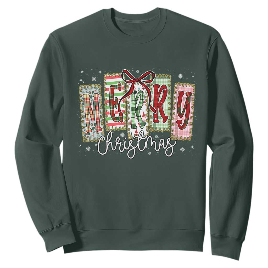 Merry Christmas Coquette Xmas Faux Glitter Gingham Tartan Doodle Sweatshirt TS11 Dark Forest Green Print Your Wear