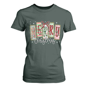 Merry Christmas Coquette Xmas Faux Glitter Gingham Tartan Doodle T Shirt For Women TS11 Dark Forest Green Print Your Wear