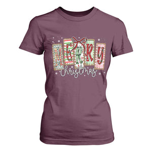 Merry Christmas Coquette Xmas Faux Glitter Gingham Tartan Doodle T Shirt For Women TS11 Maroon Print Your Wear