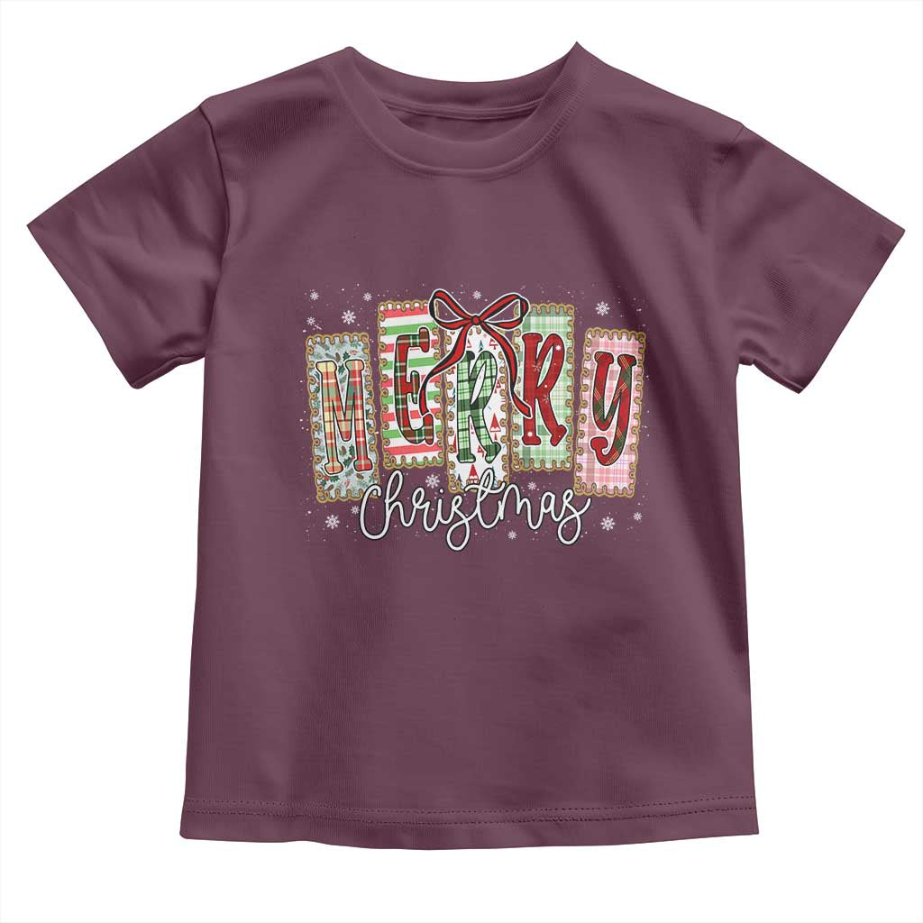 Merry Christmas Coquette Xmas Faux Glitter Gingham Tartan Doodle Toddler T Shirt TS11 Maroon Print Your Wear