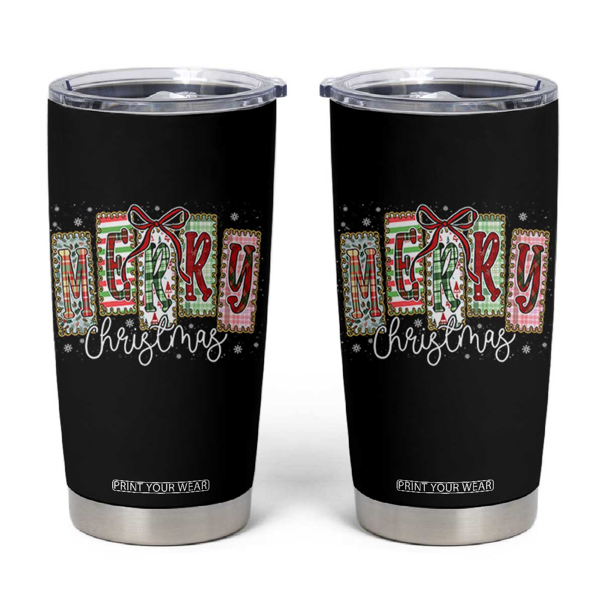 Merry Christmas Coquette Xmas Faux Glitter Gingham Tartan Doodle Tumbler Cup TS11 Black Print Your Wear