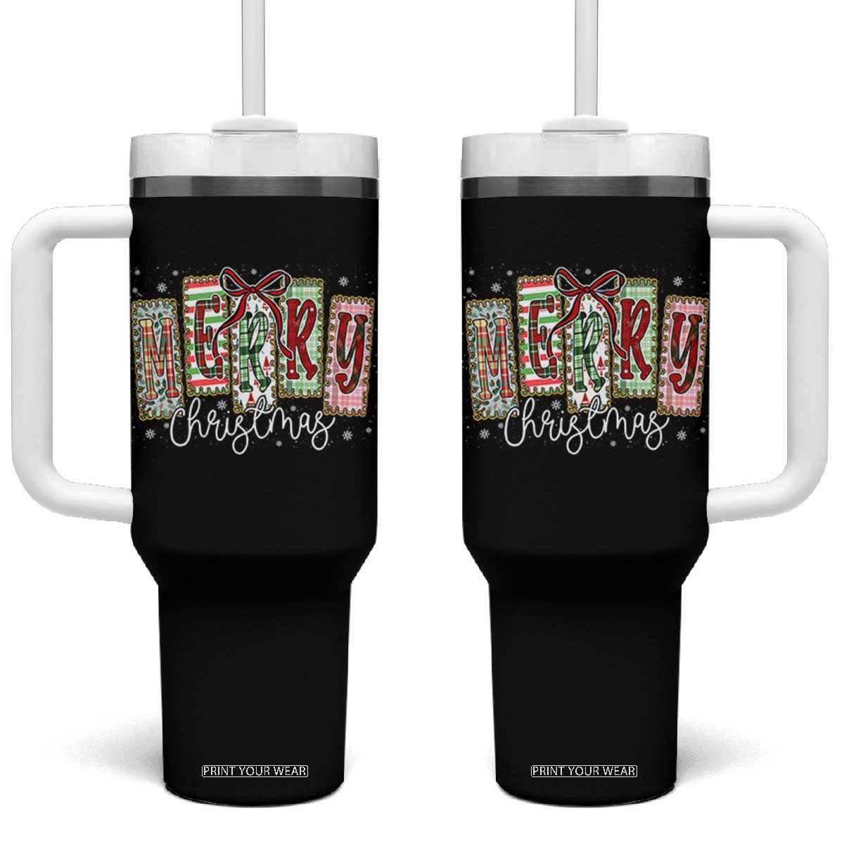 Merry Christmas Coquette Xmas Faux Glitter Gingham Tartan Doodle Tumbler With Handle TS11 One Size: 40 oz Black Print Your Wear