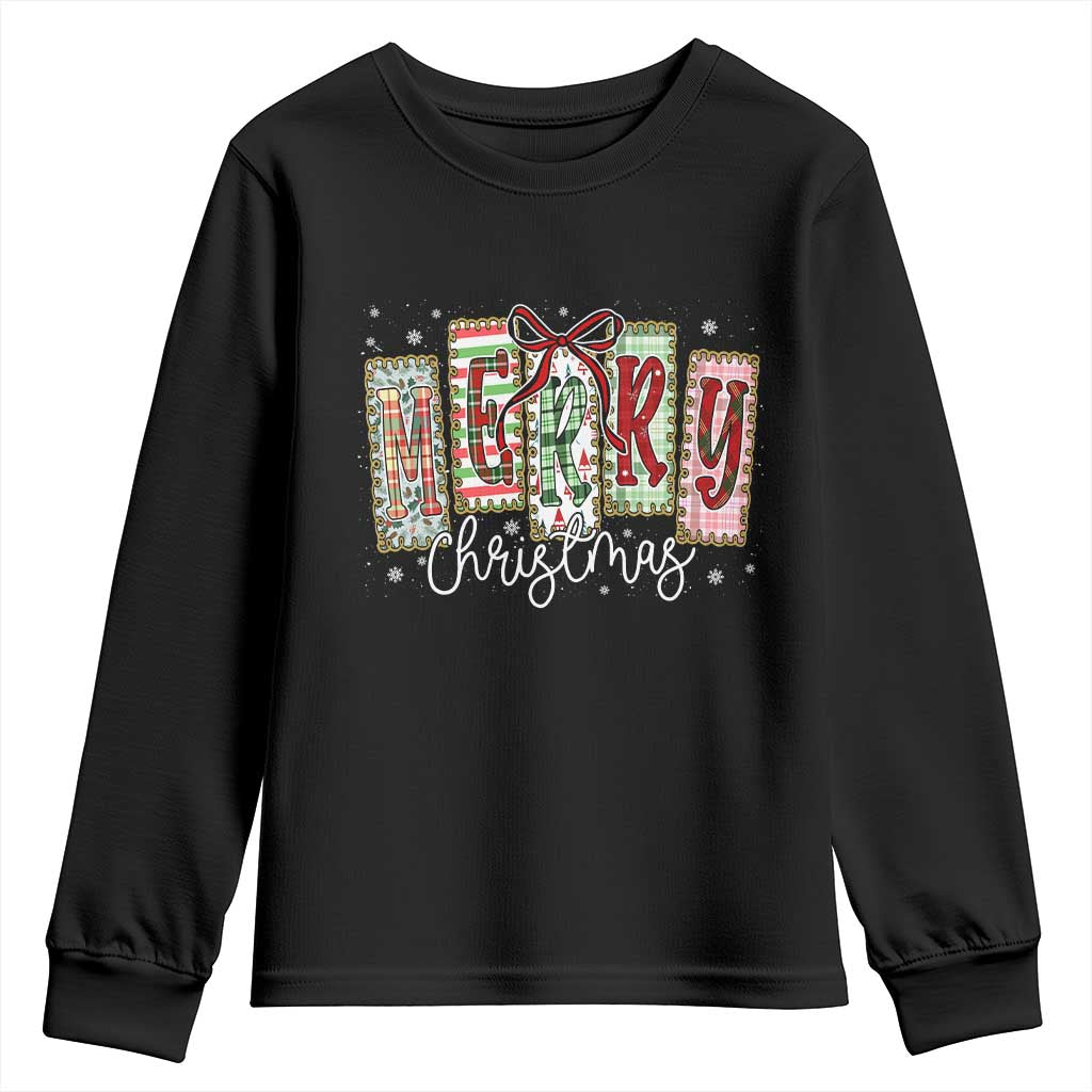 Merry Christmas Coquette Xmas Faux Glitter Gingham Tartan Doodle Youth Sweatshirt TS11 Black Print Your Wear