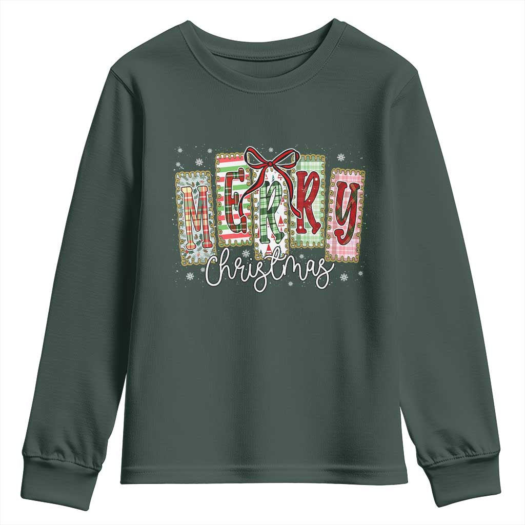 Merry Christmas Coquette Xmas Faux Glitter Gingham Tartan Doodle Youth Sweatshirt TS11 Dark Forest Green Print Your Wear