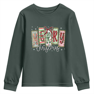 Merry Christmas Coquette Xmas Faux Glitter Gingham Tartan Doodle Youth Sweatshirt TS11 Dark Forest Green Print Your Wear