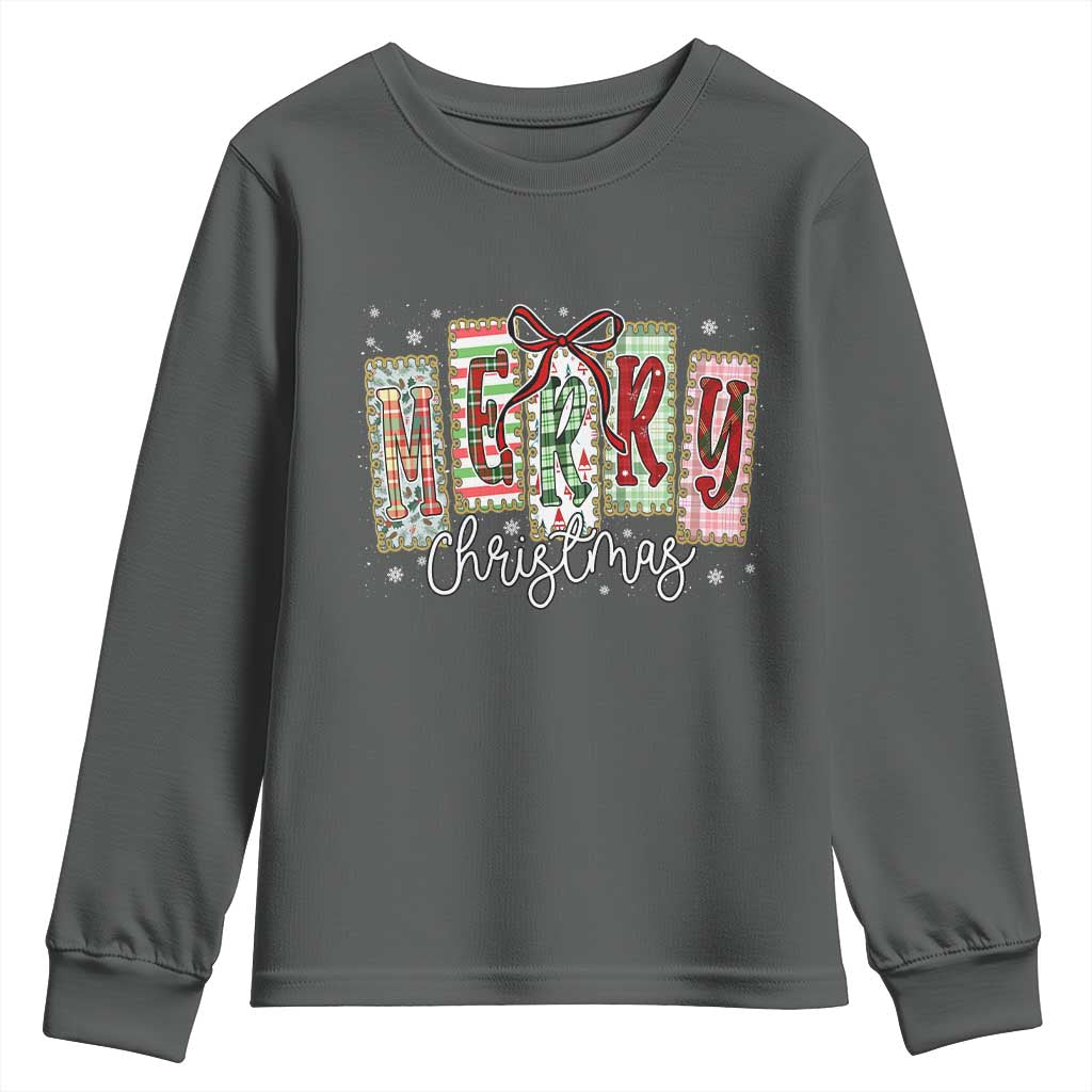 Merry Christmas Coquette Xmas Faux Glitter Gingham Tartan Doodle Youth Sweatshirt TS11 Dark Heather Print Your Wear