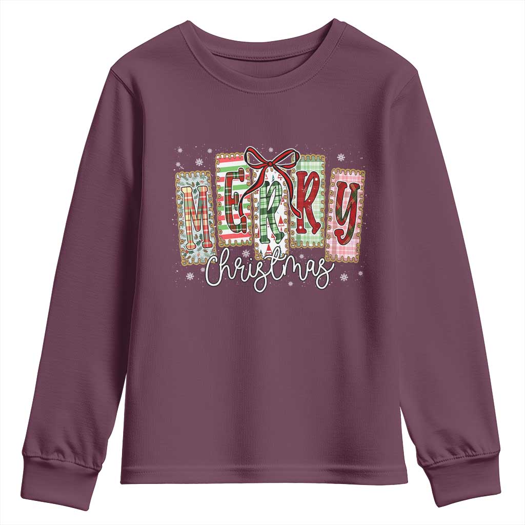 Merry Christmas Coquette Xmas Faux Glitter Gingham Tartan Doodle Youth Sweatshirt TS11 Maroon Print Your Wear
