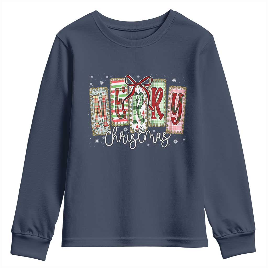 Merry Christmas Coquette Xmas Faux Glitter Gingham Tartan Doodle Youth Sweatshirt TS11 Navy Print Your Wear
