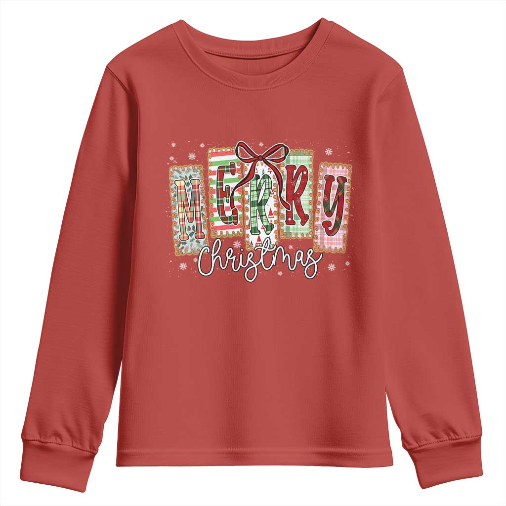 Merry Christmas Coquette Xmas Faux Glitter Gingham Tartan Doodle Youth Sweatshirt TS11 Red Print Your Wear