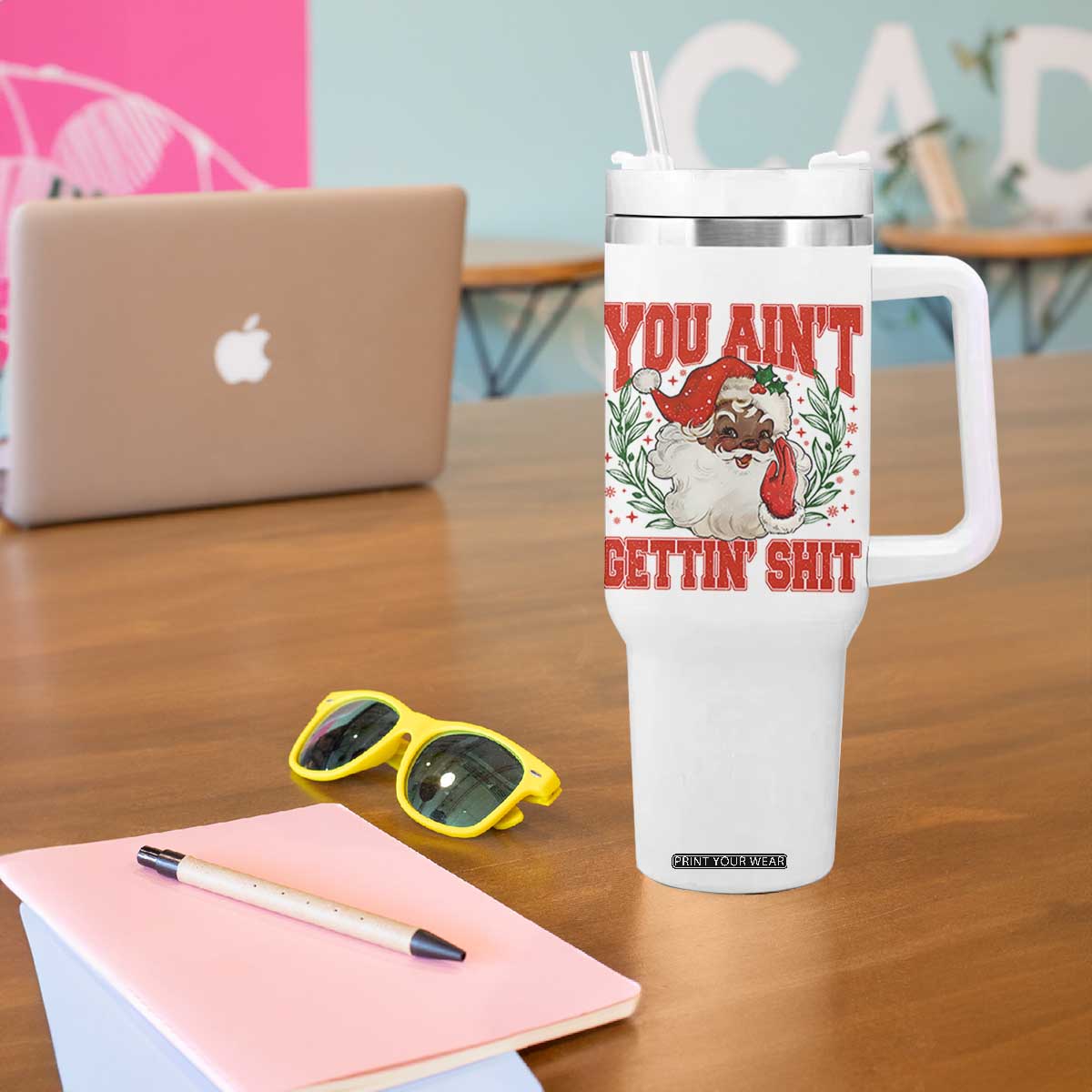 Funny African American Black Santa Christmas Tumbler With Handle You Aint Getting Shit Inappropriate Xmas TS11 Print Your Wear