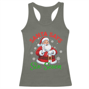 Funny Santa Says Six Seven Racerback Tank Top Christmas 67 Meme Santa Gen Alpha Slang TS11 Military Green Print Your Wear