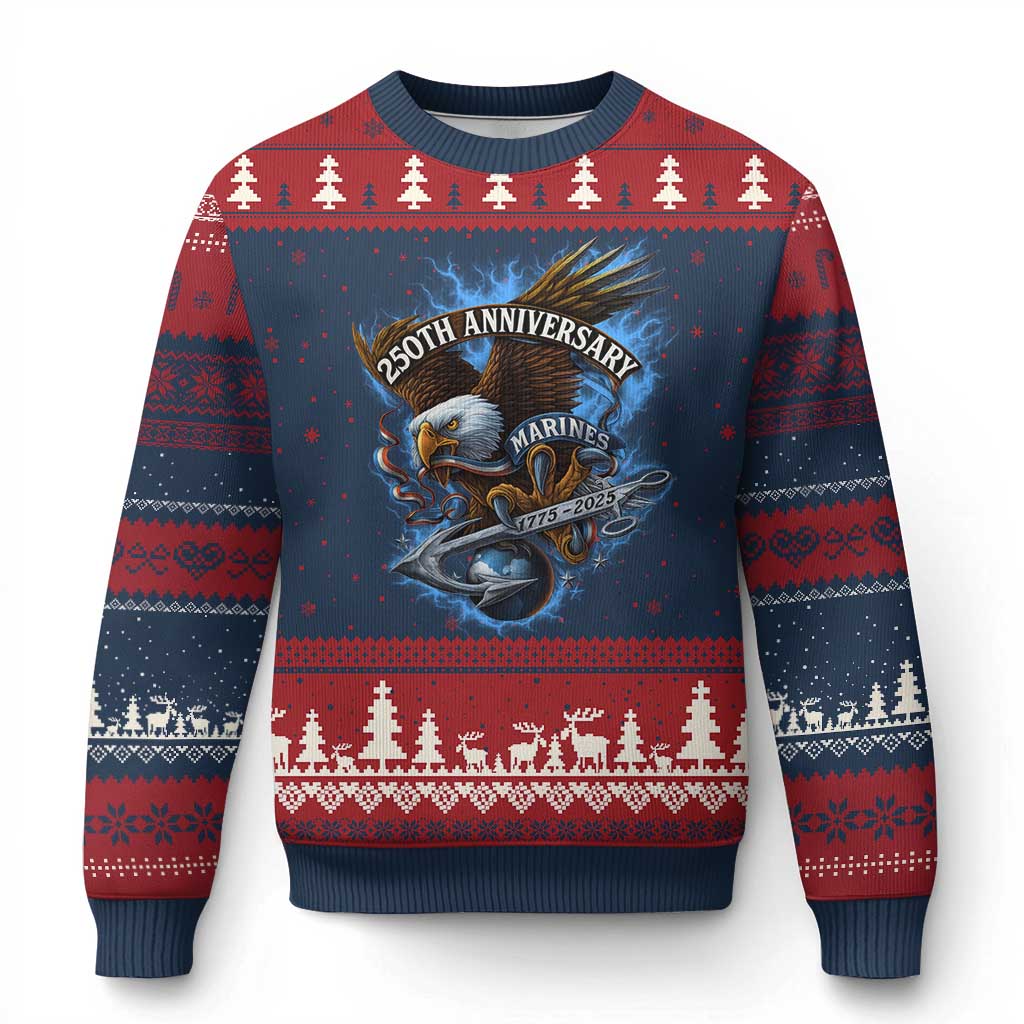 Us Marines Military 250th Anniversary Ugly Christmas Sweater Bald Eagle Anchor - Print Your Wear