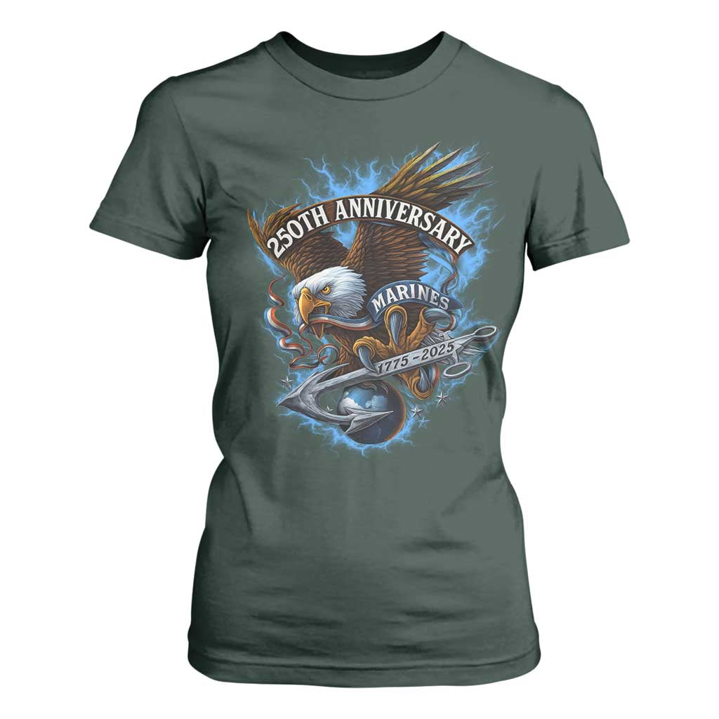 Us Marines Military 250th Anniversary T Shirt For Women Bald Eagle Anchor TS11 Dark Forest Green Print Your Wear
