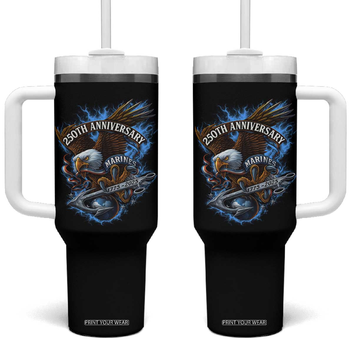 Us Marines Military 250th Anniversary Tumbler With Handle Bald Eagle Anchor TS11 One Size: 40 oz Black Print Your Wear