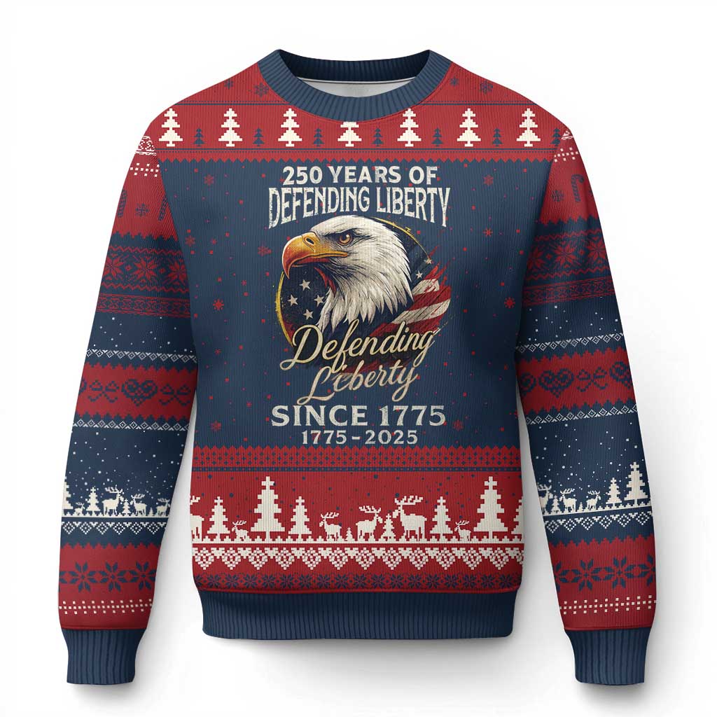 Patriotic USA Army Military 250th Anniversary Ugly Christmas Sweater 250 Years Of Defending Liberty Since 1775 TS11 Navy Red Print Your Wear