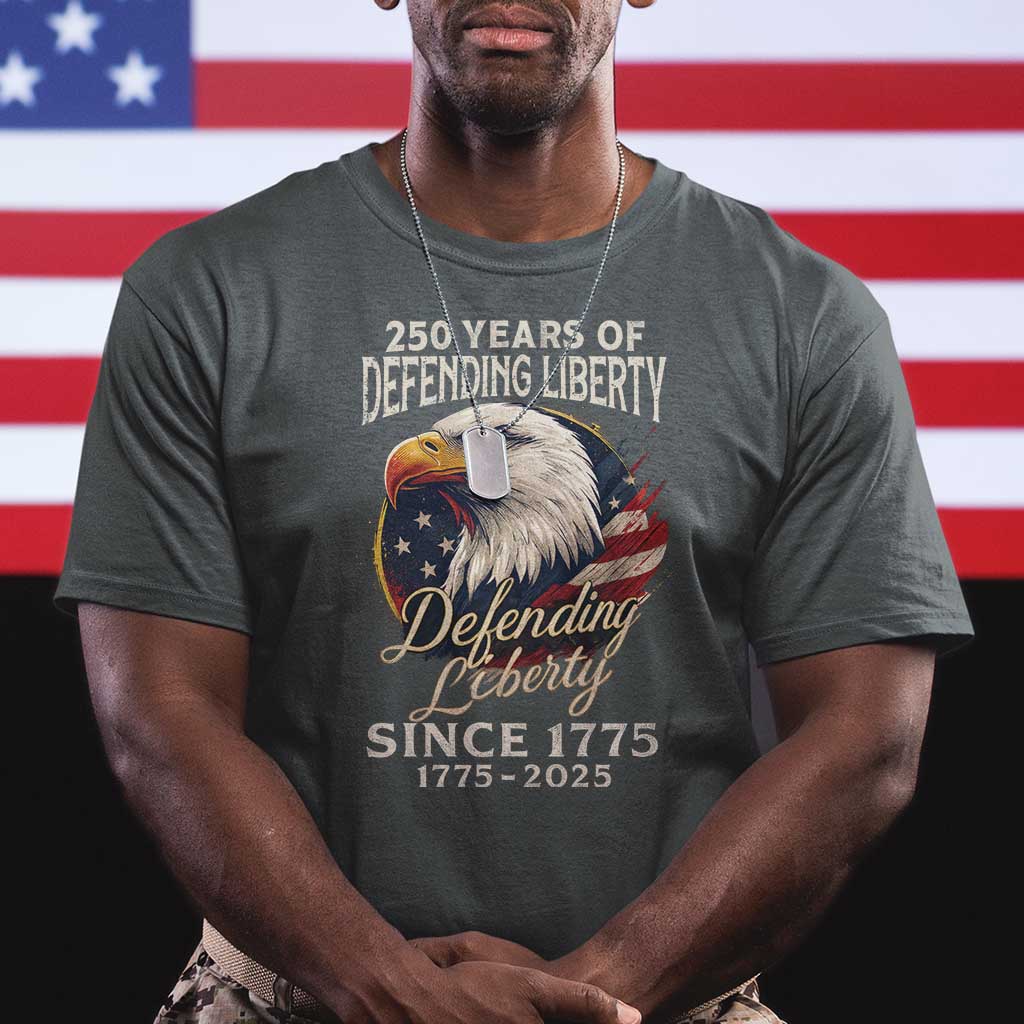 Patriotic USA Army Military 250th Anniversary T Shirt 250 Years Of Defending Liberty Since 1775 TS11 Dark Heather Print Your Wear
