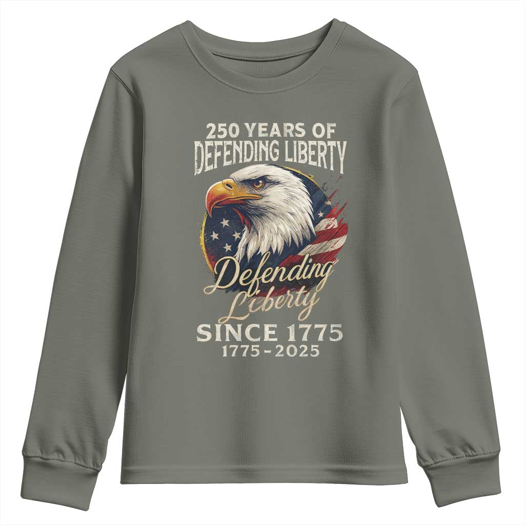 Patriotic USA Army Military 250th Anniversary Youth Sweatshirt 250 Years Of Defending Liberty Since 1775 TS11 Military Green Print Your Wear