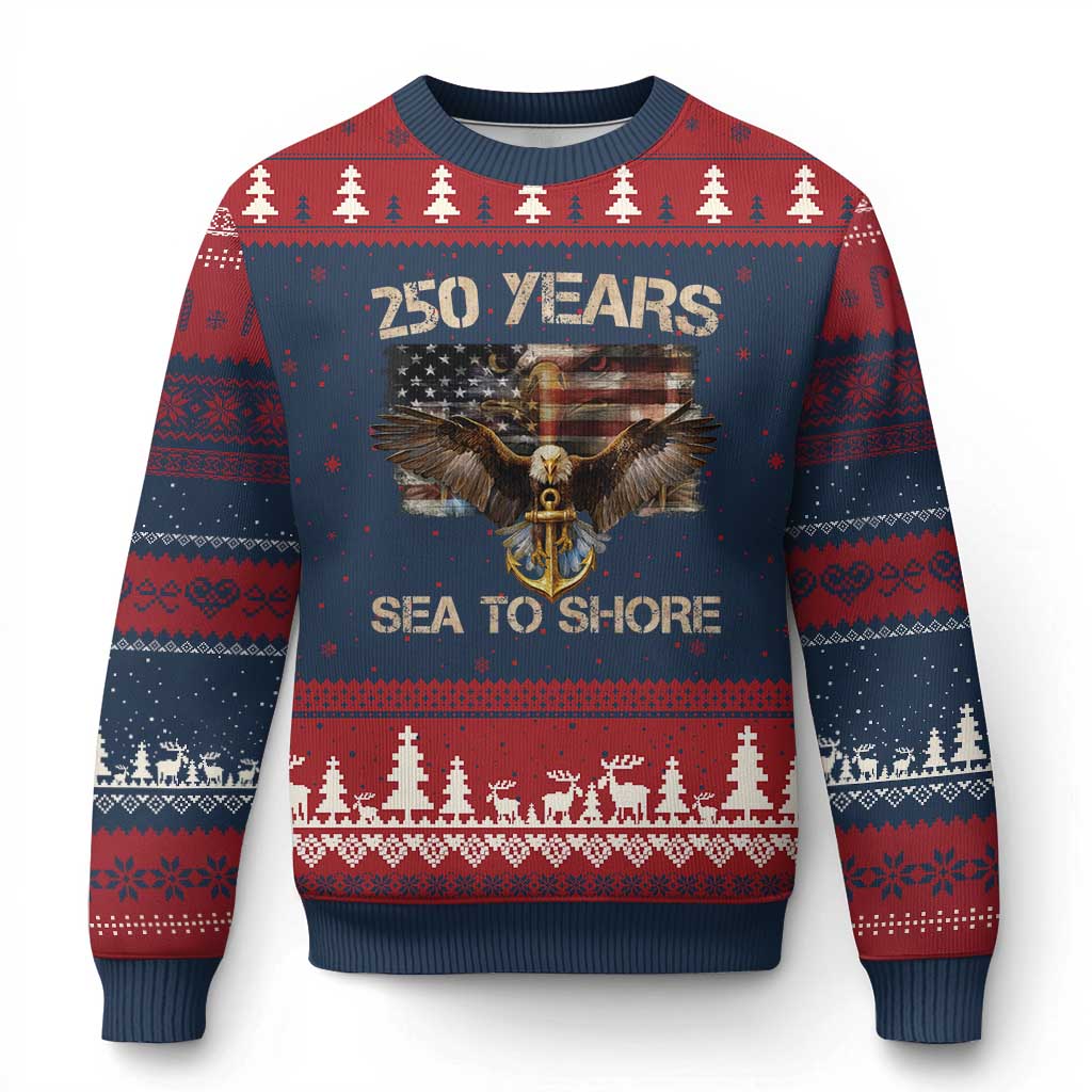 US Navy Military 250th Anniversary Ugly Christmas Sweater 250 Years Sea To Shore Bald Eagle TS11 Navy Red Print Your Wear