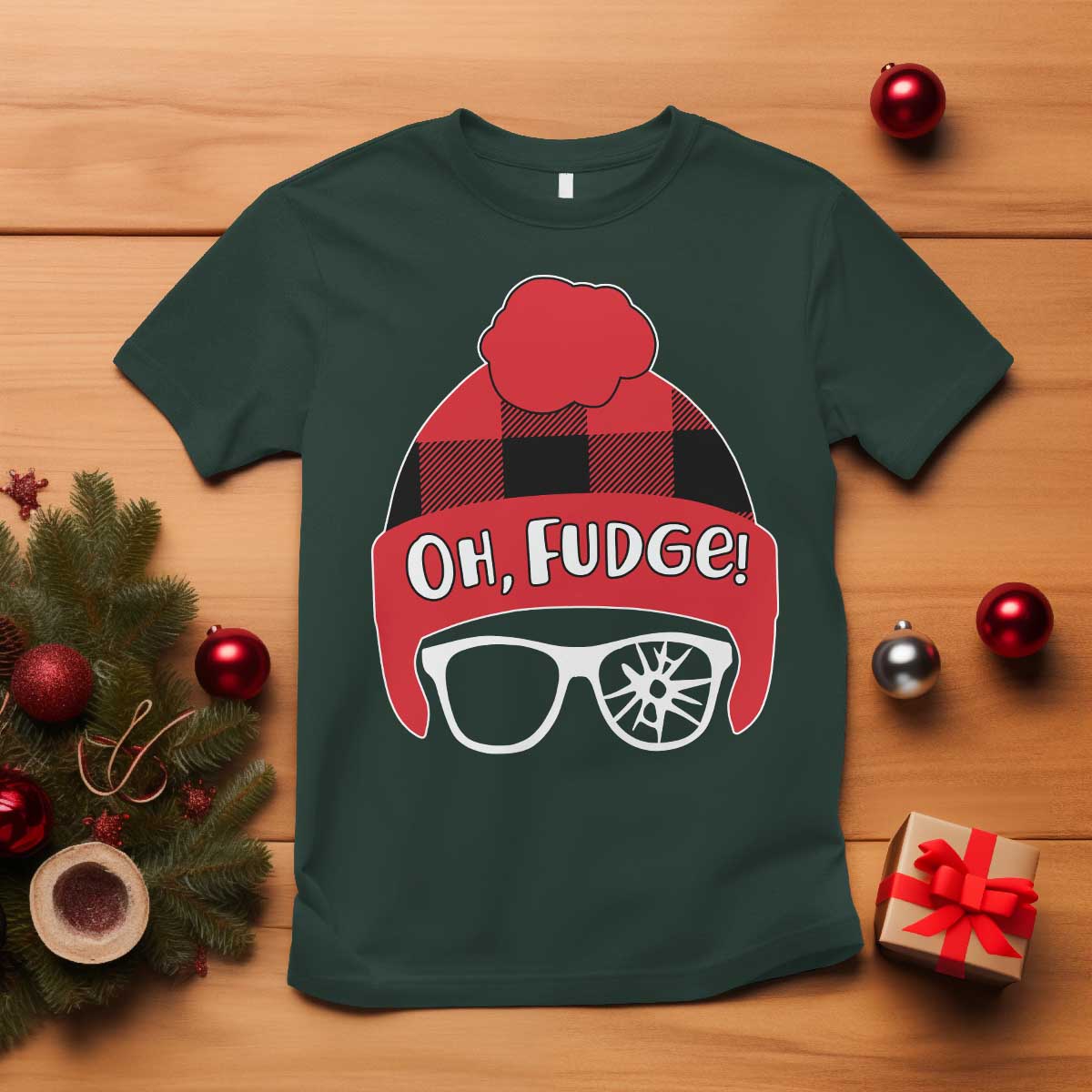 Funny Christmas Movie T Shirt Oh Fudge Buffalo Plaid Printed Graphic Beanie Cap TS11 Dark Forest Green Print Your Wear