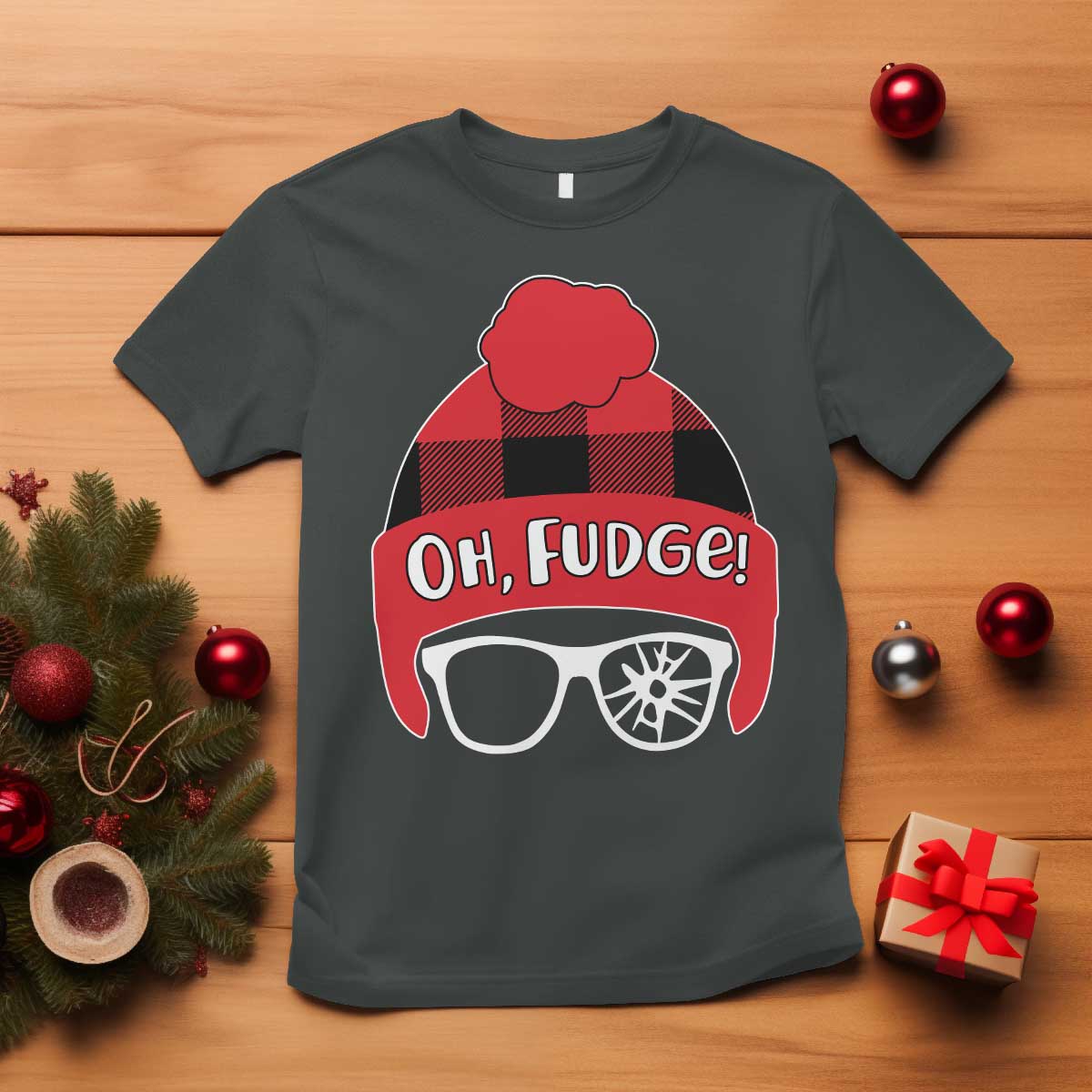 Funny Christmas Movie T Shirt Oh Fudge Buffalo Plaid Printed Graphic Beanie Cap TS11 Dark Heather Print Your Wear