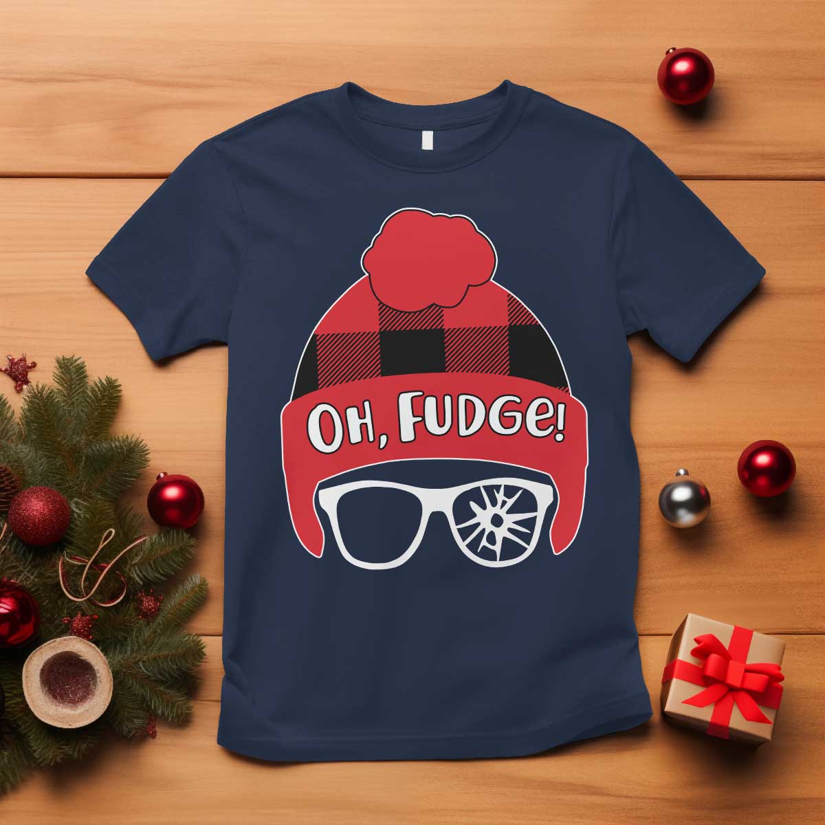 Funny Christmas Movie T Shirt Oh Fudge Buffalo Plaid Printed Graphic Beanie Cap TS11 Navy Print Your Wear