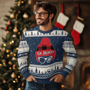 Funny Xmas Movie Ugly Christmas Sweater Oh Fudge Buffalo Plaid Printed Graphic Beanie Cap TS11 Navy Beige Print Your Wear