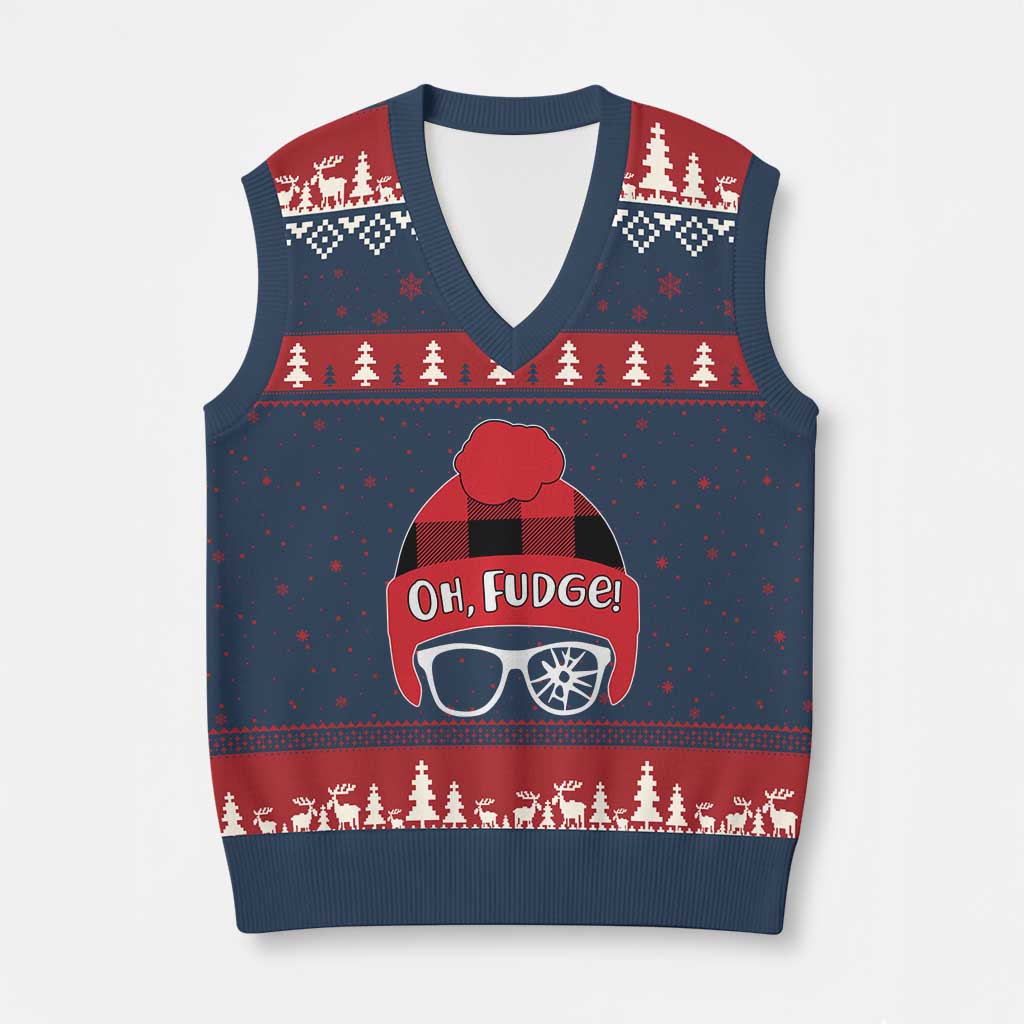 Funny Xmas Movie V-Neck Knit Sweater Vest Oh Fudge Buffalo Plaid Printed Graphic Beanie Cap TS11 Navy Red Print Your Wear