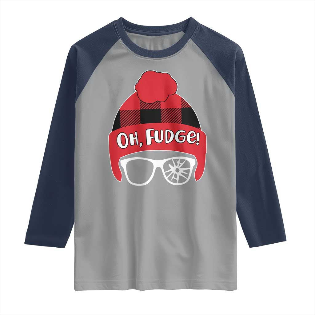 Funny Christmas Movie Raglan Shirt Oh Fudge Buffalo Plaid Printed Graphic Beanie Cap TS11 Sport Gray Navy Print Your Wear