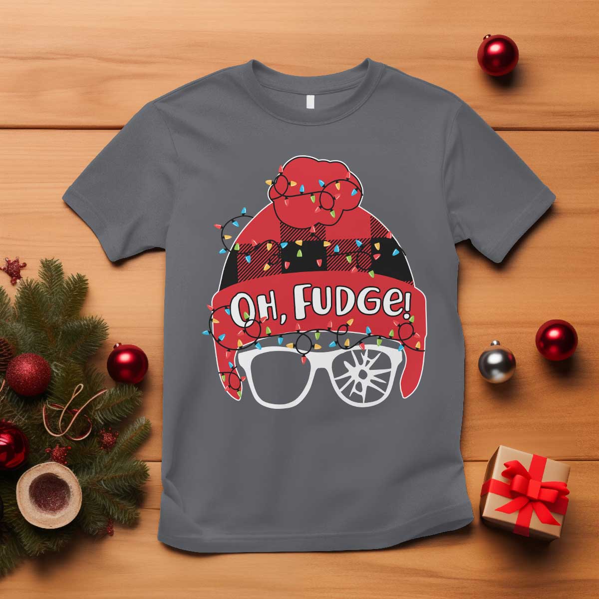 Funny Christmas Movie T Shirt Oh Fudge Buffalo Plaid Printed Graphic Beanie Cap Xmas Light TS11 Charcoal Print Your Wear