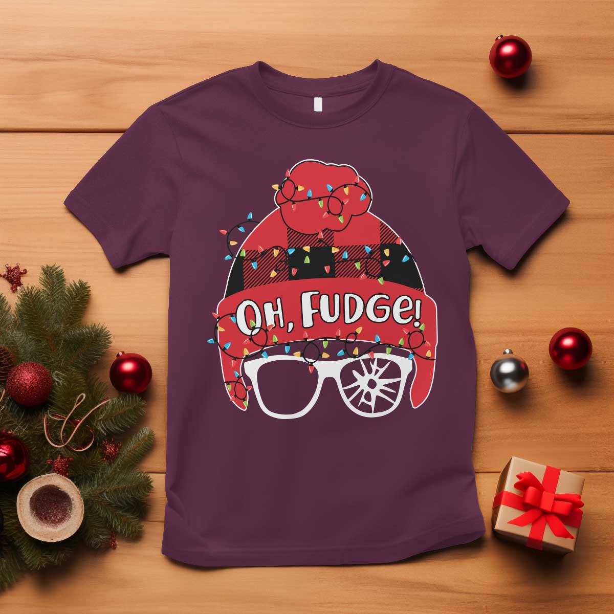 Funny Christmas Movie T Shirt Oh Fudge Buffalo Plaid Printed Graphic Beanie Cap Xmas Light TS11 Maroon Print Your Wear
