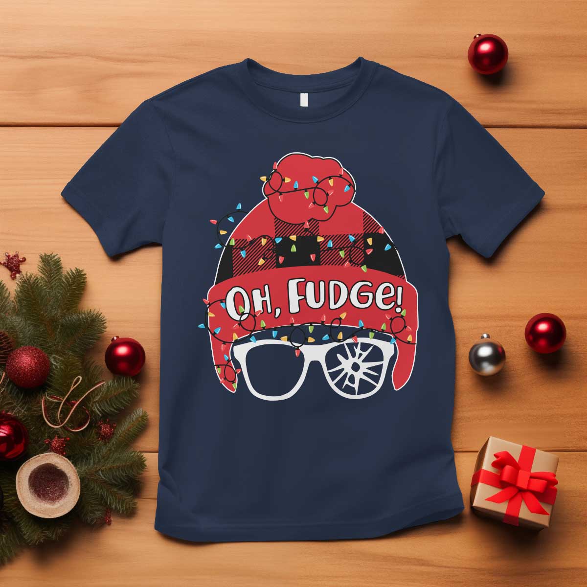 Funny Christmas Movie T Shirt Oh Fudge Buffalo Plaid Printed Graphic Beanie Cap Xmas Light TS11 Navy Print Your Wear