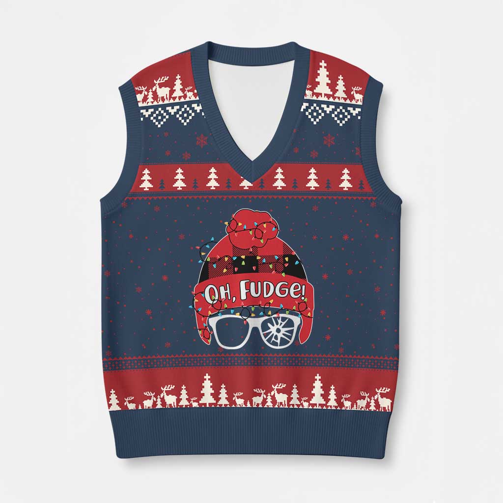 Funny Xmas Movie V-Neck Knit Sweater Vest Oh Fudge Buffalo Plaid Printed Graphic Beanie Cap Xmas Light TS11 Navy Red Print Your Wear