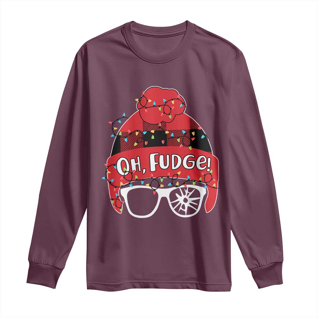 Funny Christmas Movie Long Sleeve Shirt Oh Fudge Buffalo Plaid Printed Graphic Beanie Cap Xmas Light TS11 Maroon Print Your Wear