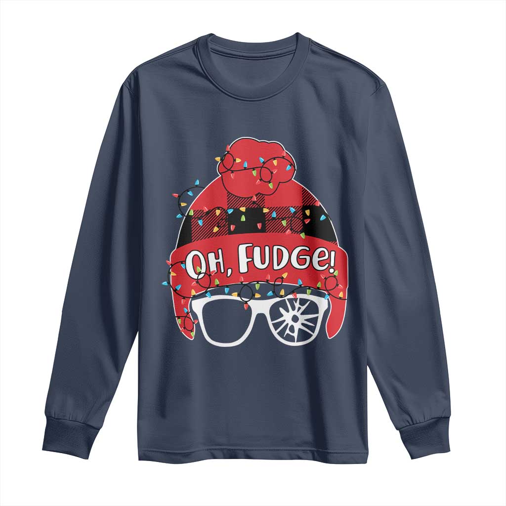 Funny Christmas Movie Long Sleeve Shirt Oh Fudge Buffalo Plaid Printed Graphic Beanie Cap Xmas Light TS11 Navy Print Your Wear