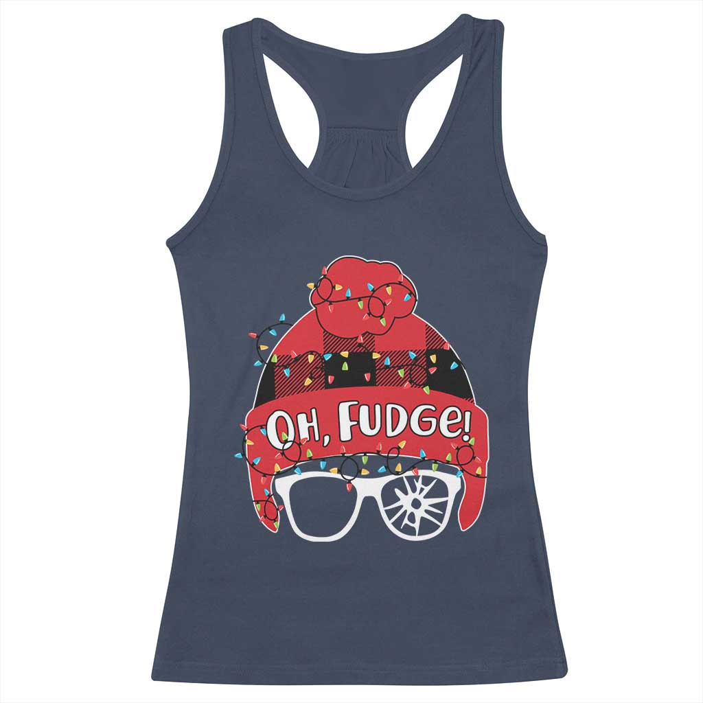 Funny Christmas Movie Racerback Tank Top Oh Fudge Buffalo Plaid Printed Graphic Beanie Cap Xmas Light TS11 Navy Print Your Wear